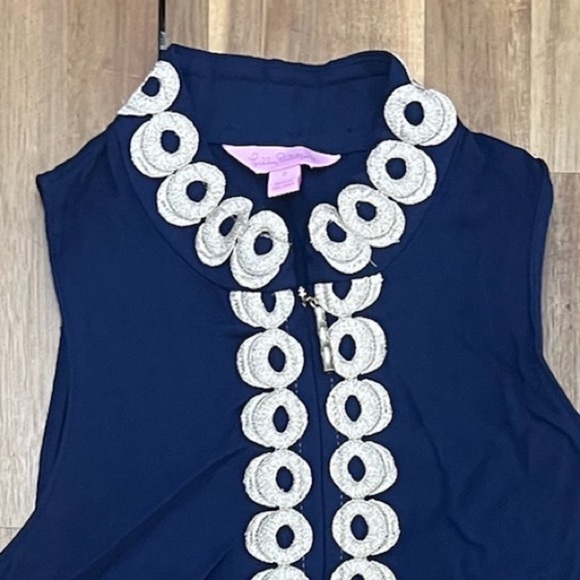 Lilly Pulitzer Jane Navy Blue Gold Appliqué Trim Sleeveless Shift Dress Size 0 - Picture 5 of 12
